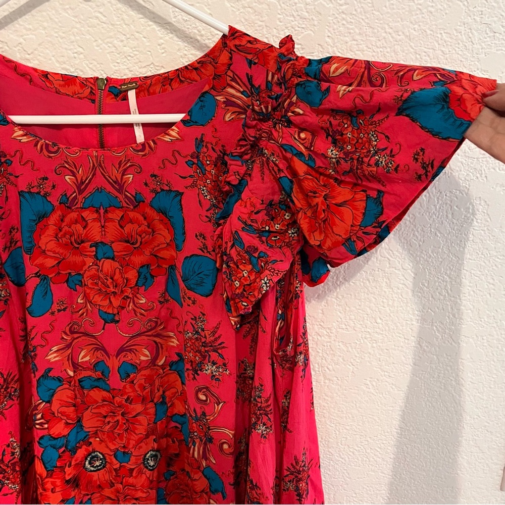 Bohemian Free People Pretty Red and Blue Floral Dress butterfly sleeves lined - Picture 4 of 10